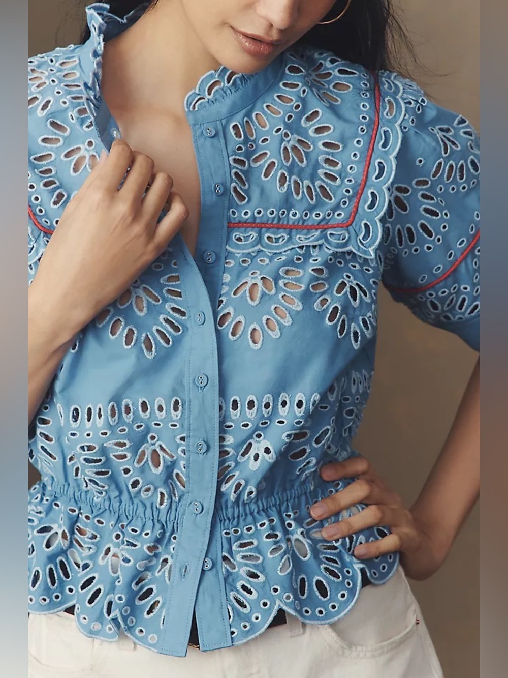 Anthropologie Maeve Eyelet Buttondown Peplum Blouse NWT - Picture 2 of 5